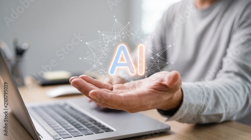 AI glowing neural network hologram hovering above a person's palm at a desk with a laptop