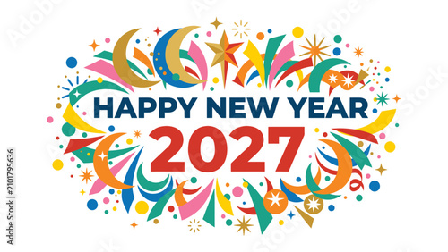 Canvas-taulu Happy New Year 2027: A vibrant and festive graphic celebrating the upcoming year with a dynamic explosion of colorful shapes, stars, and celestial elements