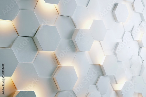 Modern white hexagon geometric wall with clean minimal design and soft depth, perfect for technology, architecture, branding and luxury background concepts.