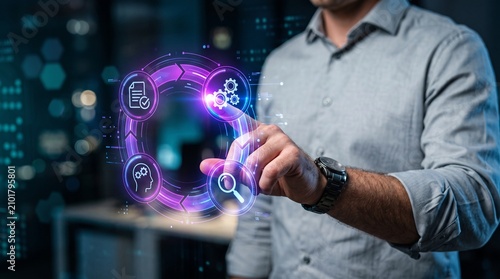 Businessman interacting with a futuristic digital interface showing business process automation and workflow icons