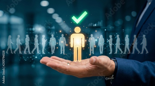 Hand holding glowing human resource icon with checkmark representing talent acquisition and hiring