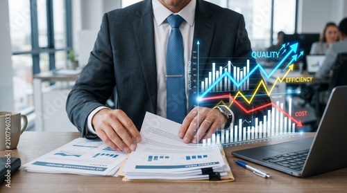 Businessman in suit reviewing performance reports with floating holographic volume trend charts
