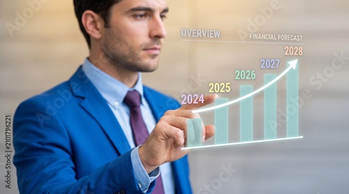 Businessman interacting with holographic financial forecast chart showing growth from 2024 to 2028 in a modern office environment