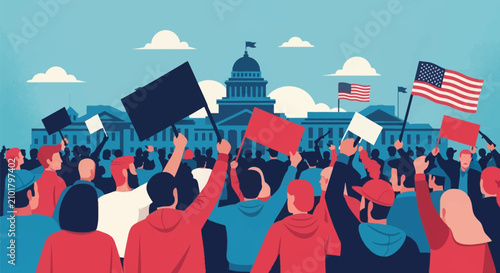 Flat vector illustration of a crowd protesting outside a capitol building dome, holding US flags and blank placards during a political rally, demonstration, or civil uprising.
