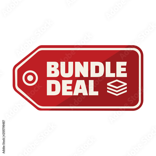 Bundle deal red price tag vector illustration with target icon and stacked items symbol, discount marketing label for product promotions and sales