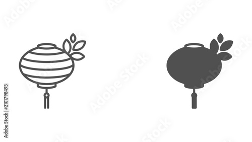 Two lantern decorated with leaves in outline and solid black styles for asian cultural and nature inspired