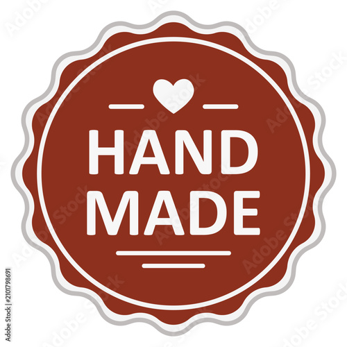 Handmade craft product label with a heart icon and 'hand made' text, a round reddish-brown flat design featuring a decorative wavy edge in outline