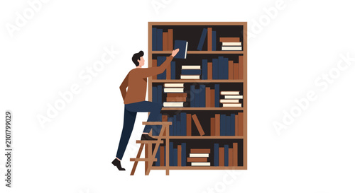 Man on Ladder Reaching for Book on Large Bookshelf Vector Illustration