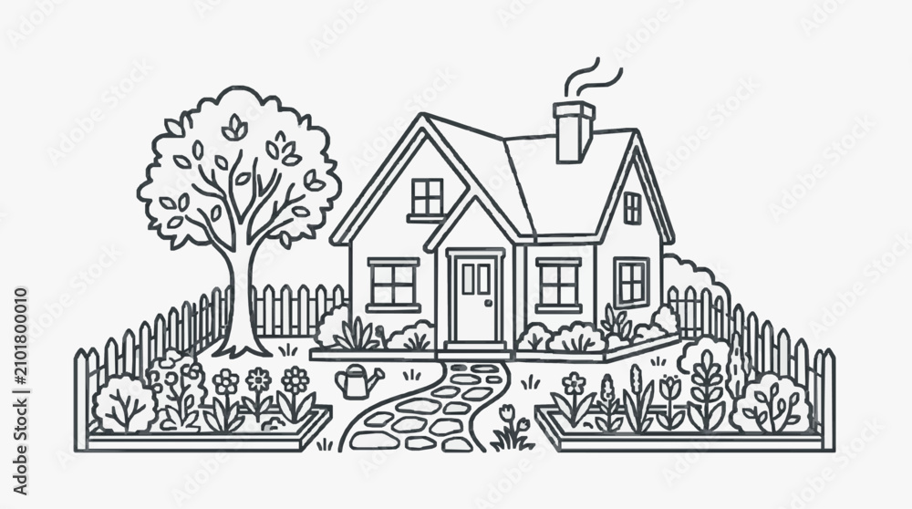 Obraz premium Industrial Style Black and White Line Drawing of a Cozy Cottage with Garden and Fence with high quality professional line art symbols for modern creative design and digital branding projects