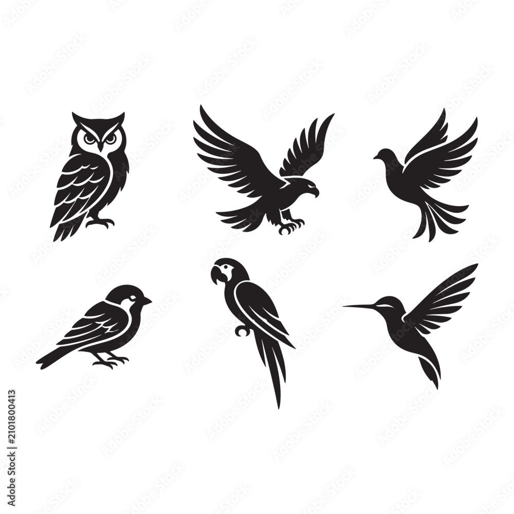 Naklejka premium Black and white vector illustrations of various birds isolated on transparent background