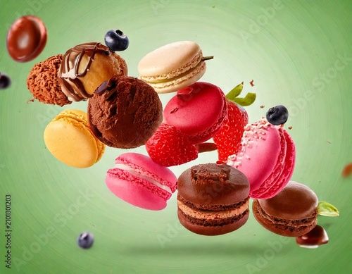 Assorted Macarons and Chocolate Truffles Floating Composition