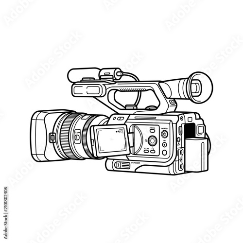 Handheld professional camcorder with external microphone.