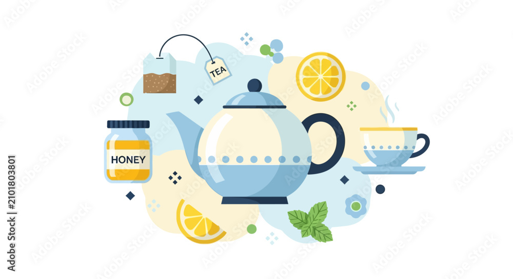 Fototapeta premium Modern Flat Vector Illustration of Tea Set with Teapot, Cup, Honey, Lemon, and Mint - Healthy Herbal Tea Brewing Concept