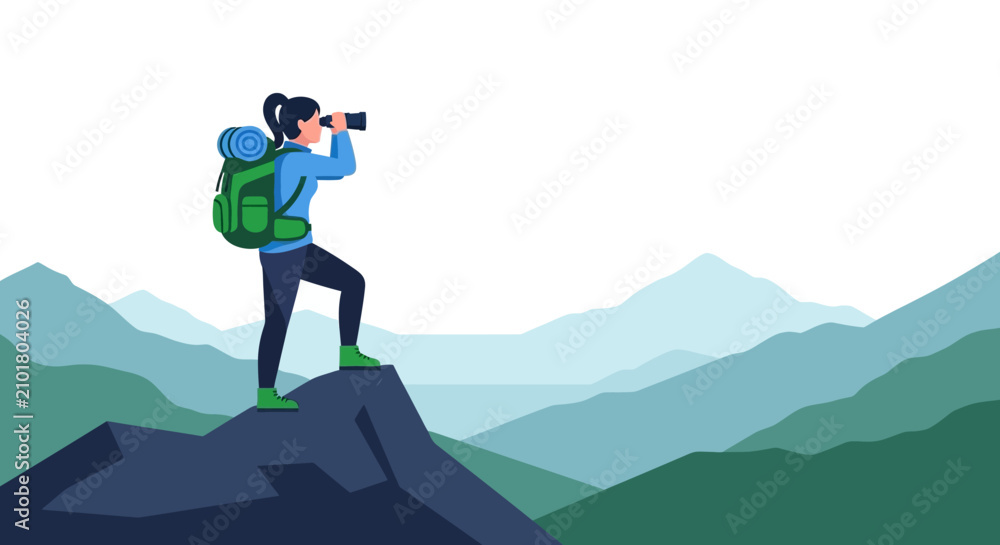 Obraz premium Female Hiker Standing on Mountain Peak Looking Through Binoculars - Vision, Strategy, and Discovery Concept Illustration