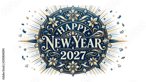 фотографія Happy New Year 2027 Emblem: A decorative emblem proclaiming Happy New Year 2027 with a burst of radiating lines and confetti, set against a clean white background