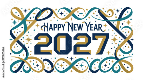 фотографія Happy New Year 2027 Celebration Banner: A festive and elegant banner proclaiming Happy New Year 2027 amidst swirling ribbons, sparkling stars, and decorative elements in gold and teal
