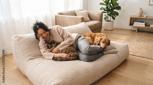 A woman sits on a plush sofa, happily hugging her fluffy cat while her dog rests nearby. Sunlight streams through large windows, creating a warm and inviting atmosphere in the stylish room.