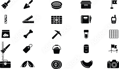 Canvastavla Archaeology and excavation tools icon set, flat vector illustration for historic