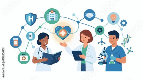 Diverse healthcare professionals collaborate on medical innovation