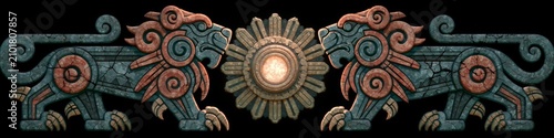 A symmetrical ancient relief featuring two guardian lions flanking a central sun motif, rendered in cracked stone with mineral blue, rust red, and gold tones.