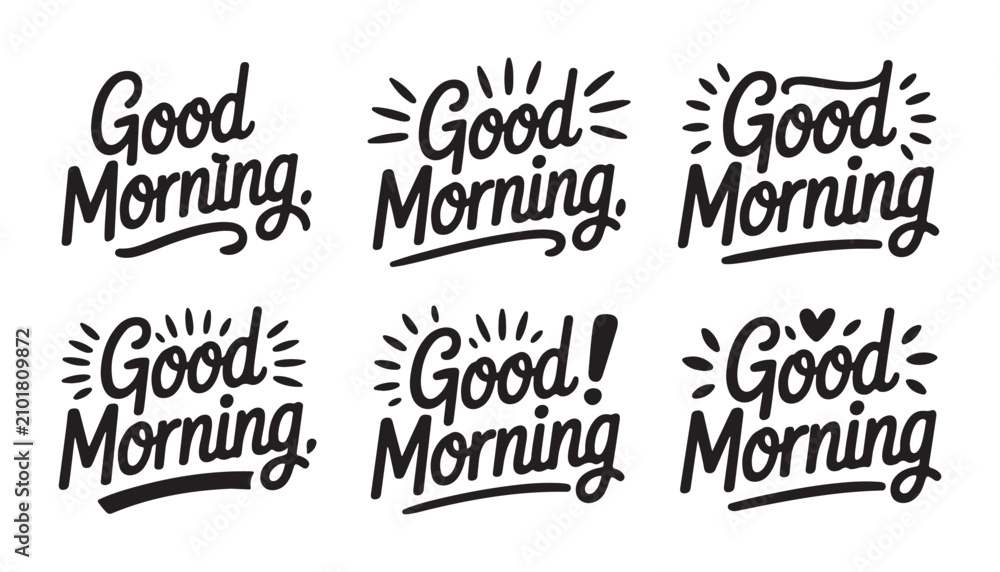 Fototapeta premium Creative good morning text set with sunburst accents and underline strokes vector graphic design.