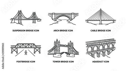Foto Set of six black and white hand drawn bridge icons for architecture design