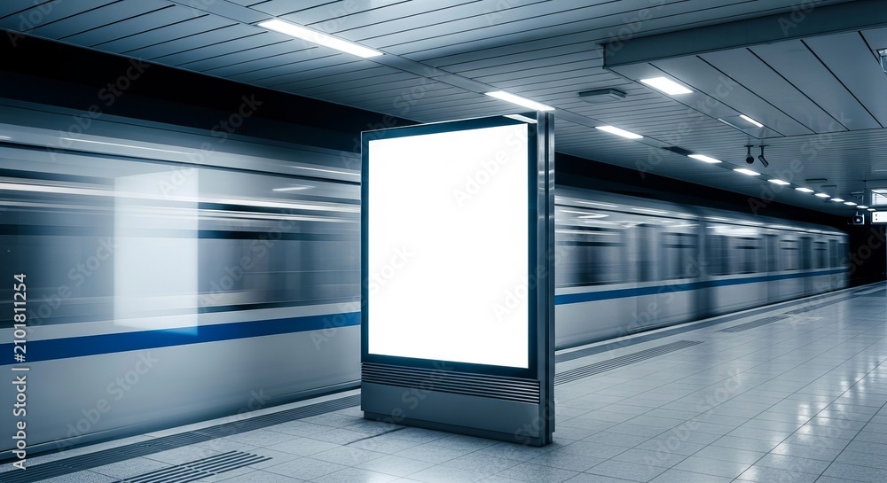 Obraz premium A large rectangular blank white billboard display stands upright featuring a sleek metallic frame and bright internal glowing light panels