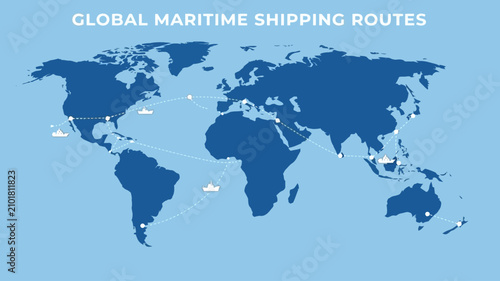 Infographic of global maritime shipping routes on a world map