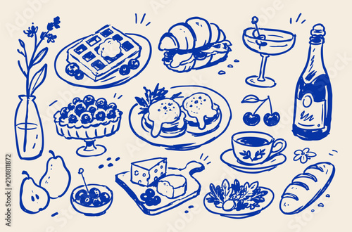 Photography Breakfast brunch doodle vector illustration with blue hand drawn cafe food coffe