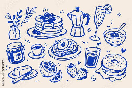 Breakfast brunch doodle vector illustration with blue hand drawn cafe food coffee fruit and morning meal icons
