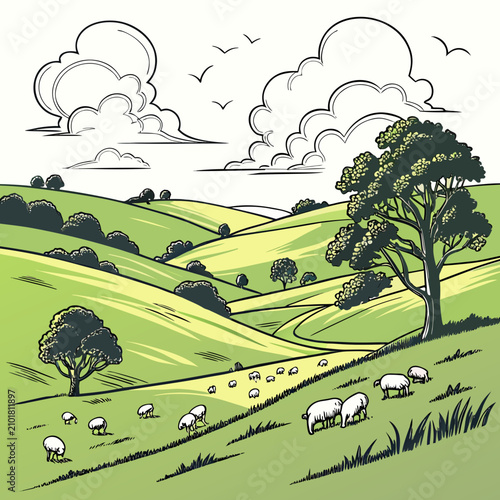 Flock of sheep grazing on rolling green hills under a cloudy sky, rural countryside landscape with trees and birds