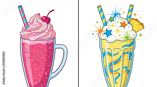 Set of colorful milkshakes with whipped cream and fruit toppings