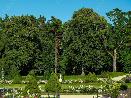 Obraz na plátně Beautiful botanical garden with blooming flower beds, trimmed bushes, and lush green trees under a clear blue sky