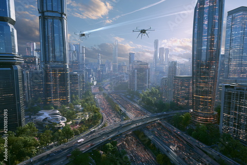 Futuristic autonomous flying drone taxi above a modern smart city skyline, advanced urban air mobility concept for transportation and innovation themes.