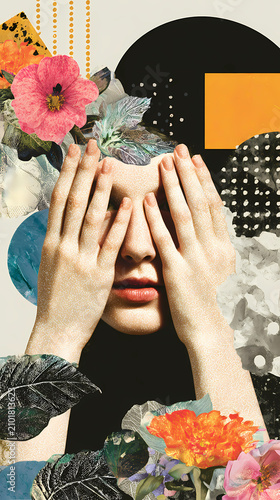 Modern gallery wall aesthetic with a creative assemblage of hands, floral elements, and abstract geometric patterns, Generative AI illustrations.