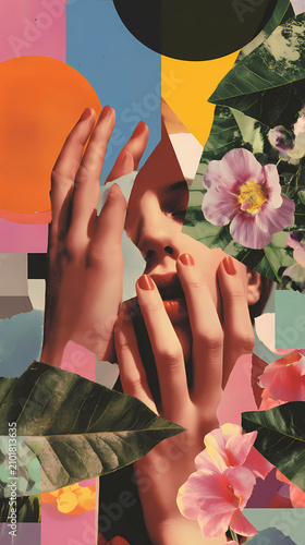 Modern gallery wall aesthetic with a creative assemblage of hands, floral elements, and abstract geometric patterns, Generative AI illustrations.