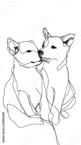 Continuous line art of two puppies playing, playful yet sophisticated, Generative AI illustrations.