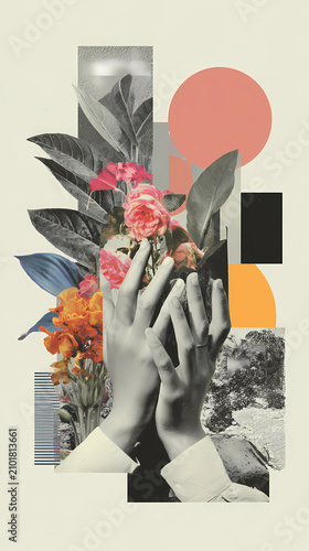 Modern gallery wall aesthetic with a creative assemblage of hands, floral elements, and abstract geometric patterns, Generative AI illustrations.