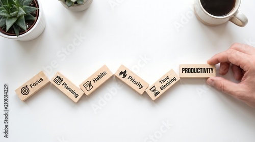 A hand places a wooden block labeled 'Productivity' onto a line of blocks representing business concepts like focus, planning, habits, priority, and time blocking.
