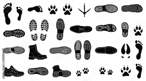 Collection of various shoe prints and animal footprints in a black and white grid pattern for outdoor adventure themes