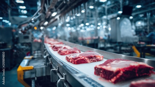 Fresh raw beef cuts moving along a conveyor belt in a modern meat processing plant, showcasing automated food production, quality control, and industrial manufacturing.