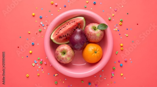 Colorful flat lay of fresh fruits in pink bowl