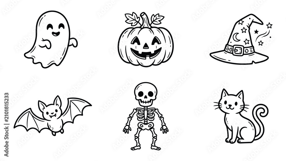 Fototapeta premium Set of cute hand drawn halloween icons with ghost pumpkin and witch hat