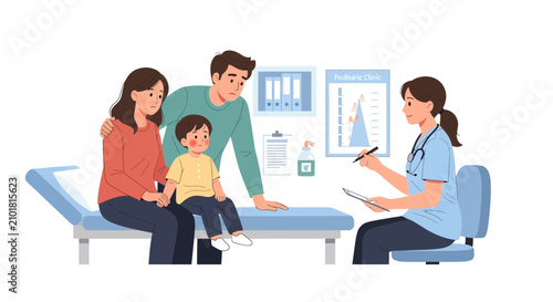 Doctor consultation with family and child at clinic