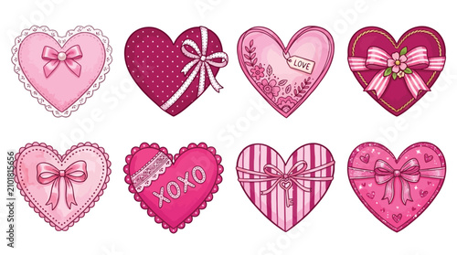 Collection of decorative pink hearts with bows and ribbons for valentines day greeting cards and romantic event designs
