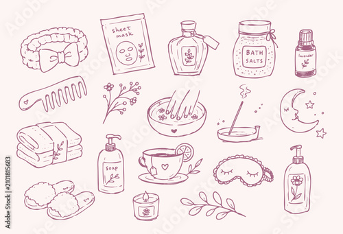 Spa and self care doodle vector illustration with pink hand drawn skincare beauty and wellness icons