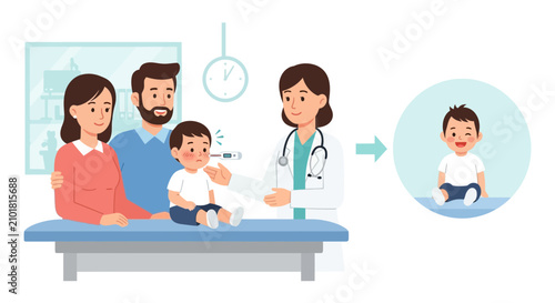Doctor Examines Sick Child with Parents, Improves Health