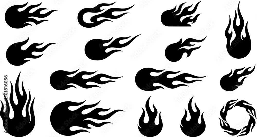 Obraz premium Vintage Hot Rod Fire Flames Black Silhouette Vector Set with Tribal Blazing Fireball Elements for Motorcycle Decals and Car Tuning Sticker Designs