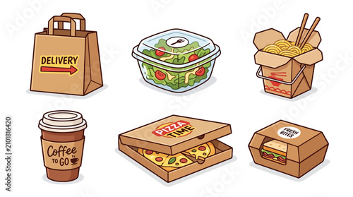 Set of six food delivery icons featuring pizza, salad, noodles, coffee, and sandwich in a colorful flat vector illustration