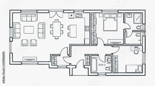 Bild auf Leinwand Clean Black and White Floor Plan Layout of Modern 3 Bedroom Apartment with Furni